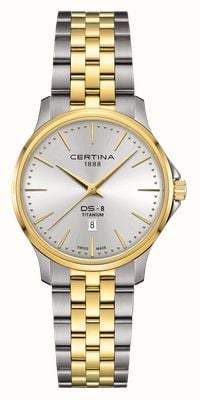 Certina DS-8 Damenuhr, Quarz (31 mm), silbernes Zifferblatt / zweifarbiges Titanarmband C0450105503100