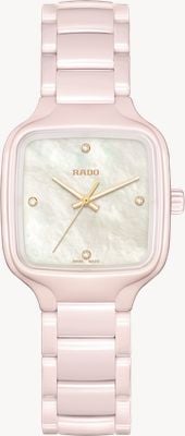 RADO Quarzuhr mit echten quadratischen Diamanten (29,2 mm), Perlmuttzifferblatt / Armband aus rosafarbener Hightech-Keramik R27181902