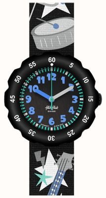 Flik Flak Stage Star (34,75 mm) schwarzes Zifferblatt / schwarzes Armband mit Musikmuster FPSP077