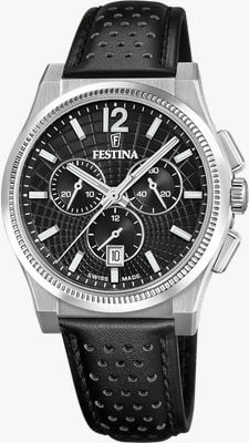 Festina Swiss Made Rivé Quartz Chronograph (42.5mm) Black Dial / Black Leather Strap F20060/4