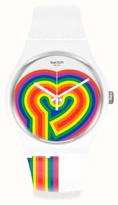 Swatch Liefde verslaan | Valentijnsdag | witte siliconen band | regenboog hart wijzerplaat SUOW171
