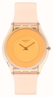 Swatch Pastellfarbenes pfirsichfarbenes (34 mm) orangefarbenes Zifferblatt / rosafarbenes Silikonarmband SS08P102