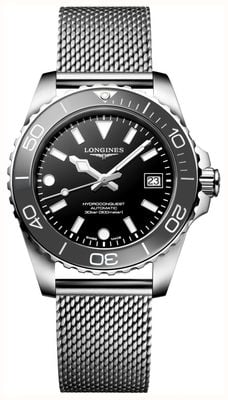 LONGINES ハイドロコンクエスト オートマチック (39mm) ブラックラッカーダイヤル / ステンレススチールメッシュブレスレット L37794706