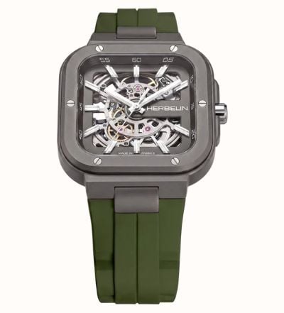 Herbelin Cap Camarat Square Titanium Automatic (40.5mm) Skeleton Dial / Khaki Green FKM Rubber Strap Watch 1846SQTDCK - vue alternative 2