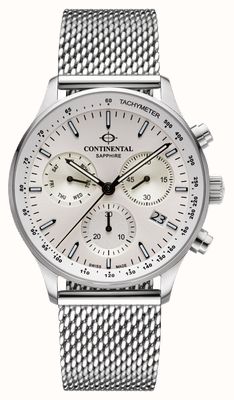 Continental Cronógrafo de aviação (43 mm) mostrador prateado / pulseira de malha de aço inoxidável 22001-GC101130