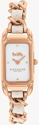 Coach Mostrador retangular branco cadie feminino/pulseira de couro branco em ouro rosa e aço inoxidável 14504283