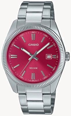 Casio Seria MTP zegarek analogowy kwarcowy (38,5mm) tarczę w kolorze wiśniowego czerwienia z efektem sunray / bransoletę ze stali nierdzewnej artykuł wystawowy MTP-1302PD-4AVEF exdisplay