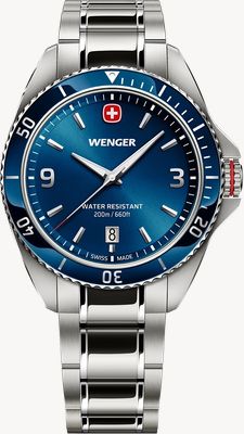 Wenger Executive Quarzwerk (40 mm), blaues Zifferblatt mit Sonnenschliff / Edelstahlarmband 01.2031.103