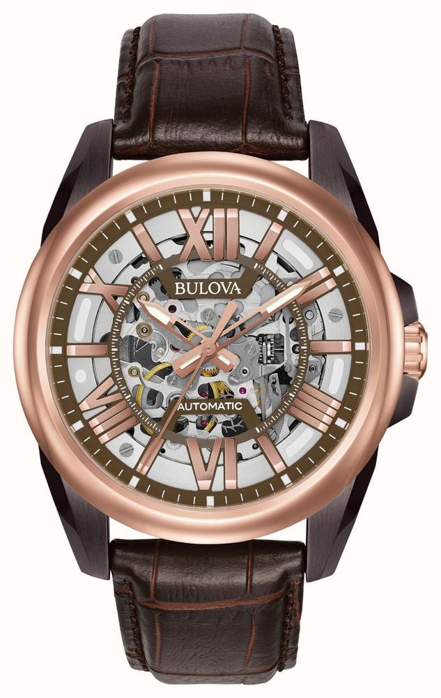 Bulova Men s Automatic Skeleton Brown Leather 98A165 First Class Watches IRL