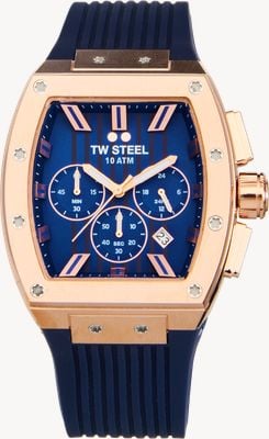 TW Steel Tonneau-Quarzchronograph (42mm) mit blauem Zifferblatt / blauem Kautschukarmband TO3
