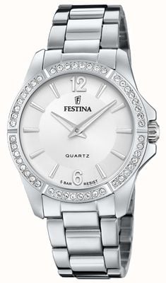 Festina 女士钢质手表，带 cz 镶嵌和钢质表链 F20593/1