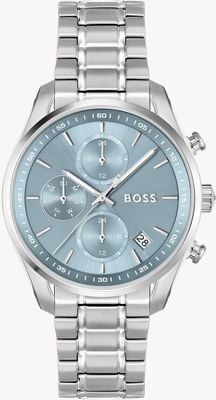 BOSS Damenuhr Grand Tour (38 mm) mit hellblauem Zifferblatt und Edelstahlarmband 1502767
