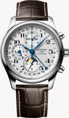 LONGINES Master collection chrono moonphase automático (42 mm) mostrador prateado "barleycorn" / pulseira de couro marrom L27734783