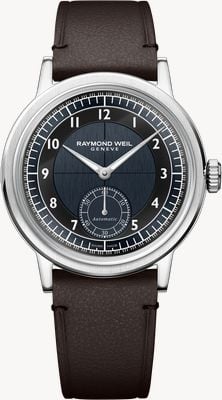 Raymond Weil Millesime automático con segundero pequeño (39 mm), esfera sectorial azul medianoche tipo esmoquin / correa de piel de becerro marrón 2930-STC-05502