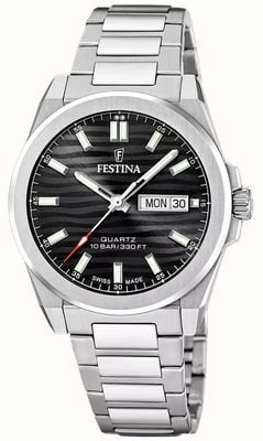 Festina Швейцарский кварцевый резонатор с индикацией дня и даты (39,8 мм), черный волнообразный циферблат / браслет из нержавеющей стали. F20073/5