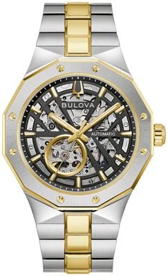 Bulova Prestige Automatik (42 mm) schwarzes Skelettzifferblatt / zweifarbiges Edelstahlarmband 98A339