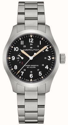 Hamilton Reserva de marcha mecánica de campo caqui (40 mm), esfera negra / brazalete de acero inoxidable H69509130