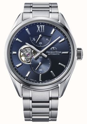 Orient Star M34 f7 semi-skelet automatisch horloge (40 mm) met blauwe wijzerplaat met zonnestraalmotief / roestvrijstalen armband RE-BY0010L00B