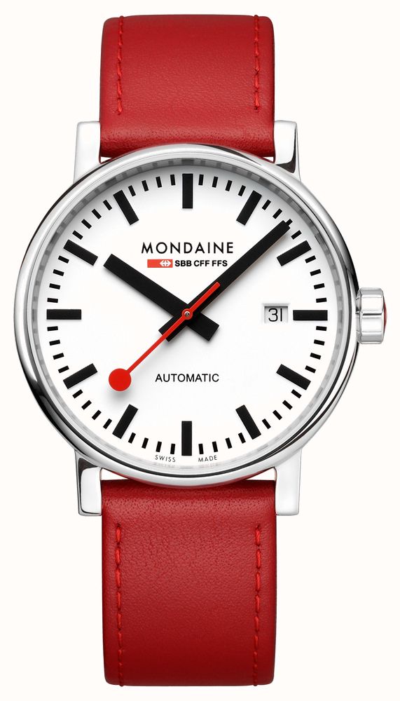 Mondaine Evo2 Automatic 40mm Red Leather Strap White Dial MSE.40610.LC First Class Watches IRL