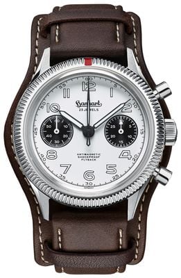 Hanhart 417 es 1954 Flyback Panda (39 mm) weißes Zifferblatt / dunkelbraunes Lederarmband - m H701.201-7110