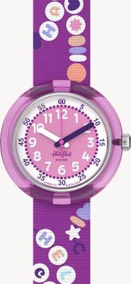 Flik Flak Montre Bff (31,85 mm) à cadran rose et blanc / bracelet d'amitié violet à motifs FPNP172