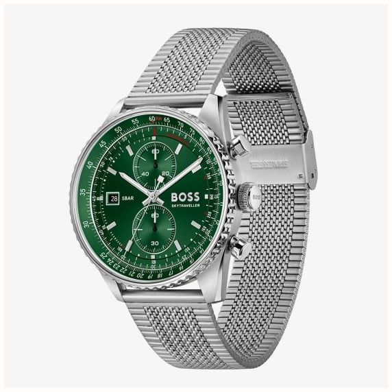 BOSS Mens Skytraveller Chronograph Green Dial Mesh Bracelet BOSS Watch 1514347 - vista alternativa 2