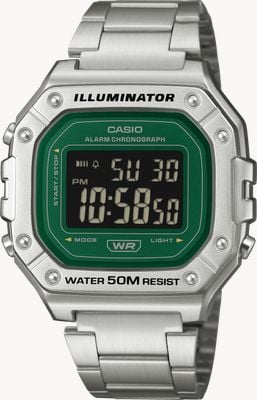 Casio Alarm-Chronograph mit Beleuchtung (43,2 mm), grünes digitales Zifferblatt / Edelstahlarmband W-218HD-3AVEF