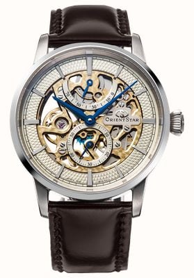 Orient Star M45 klassiek volledig opengewerkt horloge (38,8 mm) met champagnekleurige wijzerplaat en bruine leren band. RE-AZ0004S00B