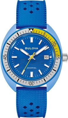 Bulova Schnorchel „Blue Tang Fish“ (41 mm) blaues Wellenzifferblatt / blaues perforiertes Kautschukarmband 98B445