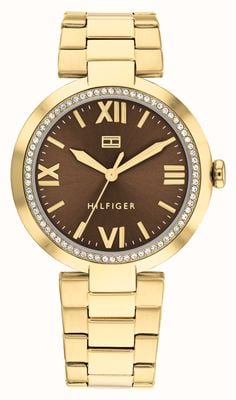 Tommy Hilfiger Mostrador feminino Alice (34 mm) marrom / pulseira em aço inoxidável dourado 1782631