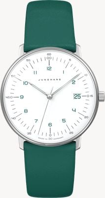 Junghans Max Bill da donna al quarzo (32,7 mm) quadrante bianco opaco / cinturino in pelle verde 47/4557.02