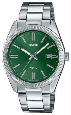 Casio Zegarek seria Mtp analogowy kwarcowy (38,5 mm) zielona tarcza leśna ze wzorem promieniowym / bransoleta ze stali nierdzewnej model wystawowy MTP-1302PD-3AVEF EX DISPLAY - NO PAPERWORK