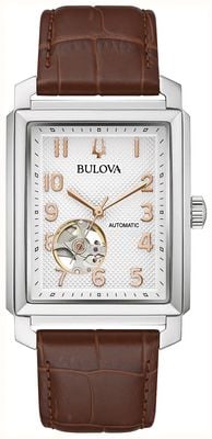 Bulova Sutton Open-Heart Automatic (33 x 49mm) Textured Silver Dial / Brown Leather Strap Watch 96A268