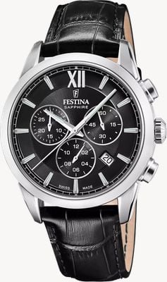 Festina スイス製クォーツクロノグラフ（41mm）ブラックダイヤル／ブラックレザーストラップ F20041/4