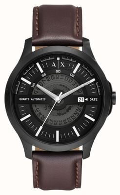 Armani Exchange Homens | mostrador preto | pulseira de couro marrom AX2446
