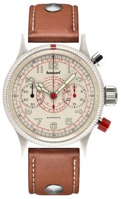 Hanhart Pioneer tachytele automatic (40mm) antyczna biała tarcza / jasnobrązowy skórzany pasek z nitami - m 712.200-0210