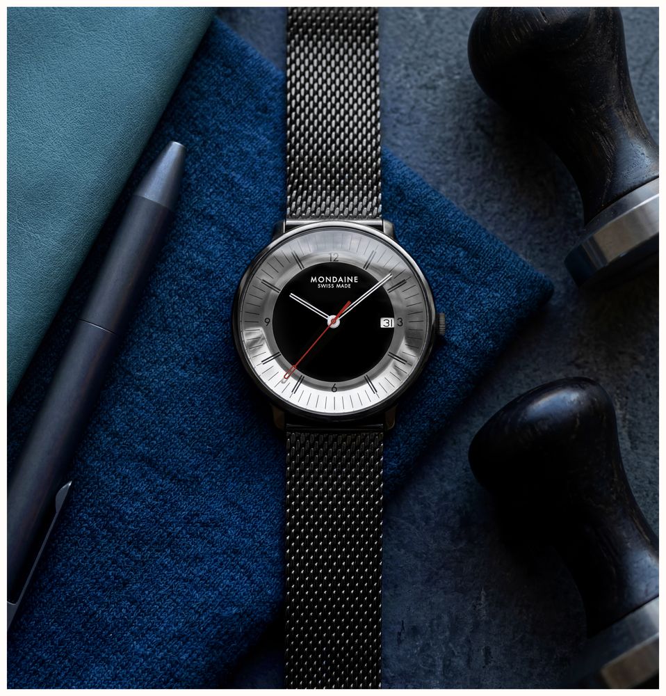 Mondaine Doppio Mirror Limited Edition (41mm) Mirror & Black Dial / Black Stainless Steel Mesh Bracelet Watch MLE.41280.SM - alternate view 10
