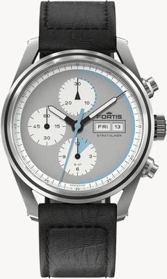 FORTIS Stratoliner S-41 Automatic Cool Grey (41mm) Black Leather Aviator Strap F2340015