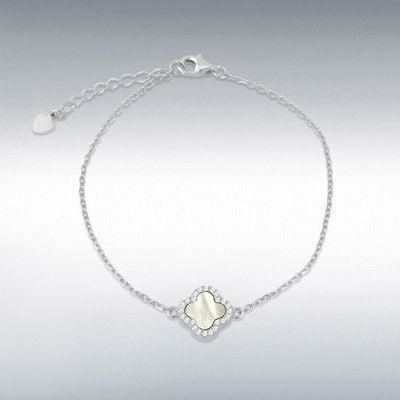 Sterling Silver Rhodium Plated 11mm Clover Mother of Pearl and 1.1mm White CZ Adjustable Bracelet 8.23.8152