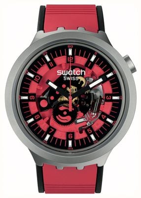 Swatch Duża, odważna, soczysta czerwień ze stali nierdzewnej (47 mm) z czerwoną szkieletową tarczą / czerwoną gumą SB07S110