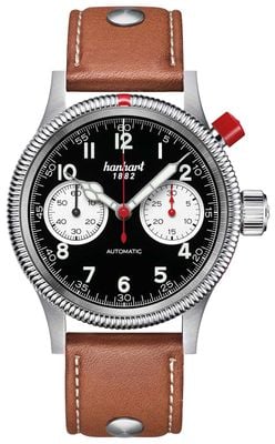 Hanhart Pioneer MK I Reverse Panda (40 mm) schwarzes Zifferblatt / hellbraunes Lederarmband – M 714.211-0210