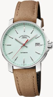 Mühle Glashütte 29er automatyczny (36,6 mm) miętowo-zielona tarcza / piaskowo-brązowy płócienny pasek M1-25-29-CB