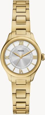 Fossil Gilmore com mostrador prateado de três ponteiros (28 mm) / pulseira de aço inoxidável com revestimento dourado ES5421