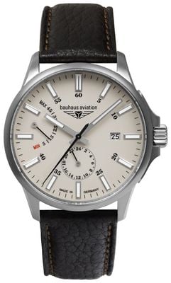 Bauhaus Montre Aviation en titane automatique à réserve de marche (42 mm) cadran beige lumineux / bracelet en cuir noir 2860-5