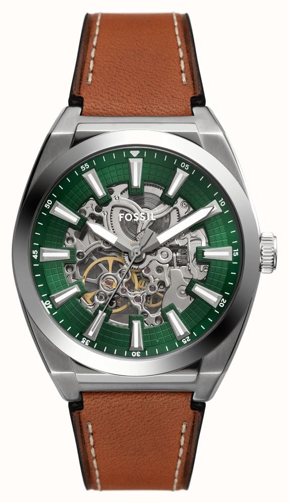 Fossil Men s Everett Automatic 42mm Green Open Heart Dial Brown Leather Strap ME3261 First Class Watches IRL