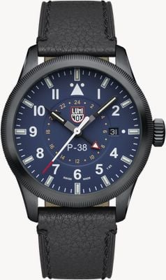 Luminox P-38 Lightning GMT seria 9520 'Open Sky Blue' (42 mm) niebieska tarcza / czarny skórzany pasek XA.9523