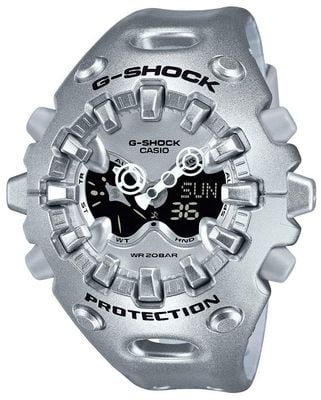 Casio G-Shock GA-V01-Serie, großes Gehäuse (49 mm), silbernes Zifferblatt mit Doppelanzeige / silbernes Harzarmband GA-V01A-8AER