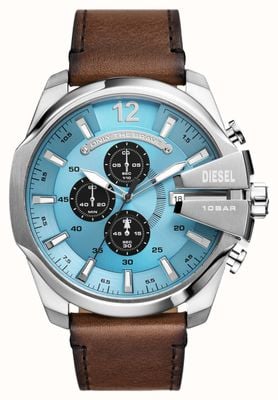 Diesel Mega Chief Herrenuhr (51 mm) mit blauem Zifferblatt und braunem Lederarmband DZ4657