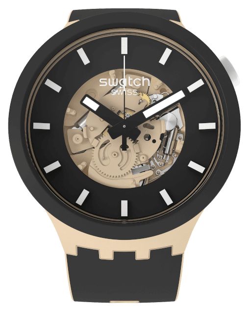 Swatch TIME FOR TAUPE BIG BOLD 47mm Black and Beige Open Heart Dial Black and Beige Silicone Strap SB03C100 James Moore Co. Jewellers of Distinction Since 1997 in Kenilworth Warwickshire