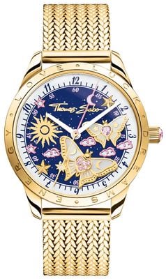 Thomas Sabo Mariposas brillantes (33 mm), esfera azul / pulsera de malla de acero inoxidable con recubrimiento PVD dorado WA0430-291-207